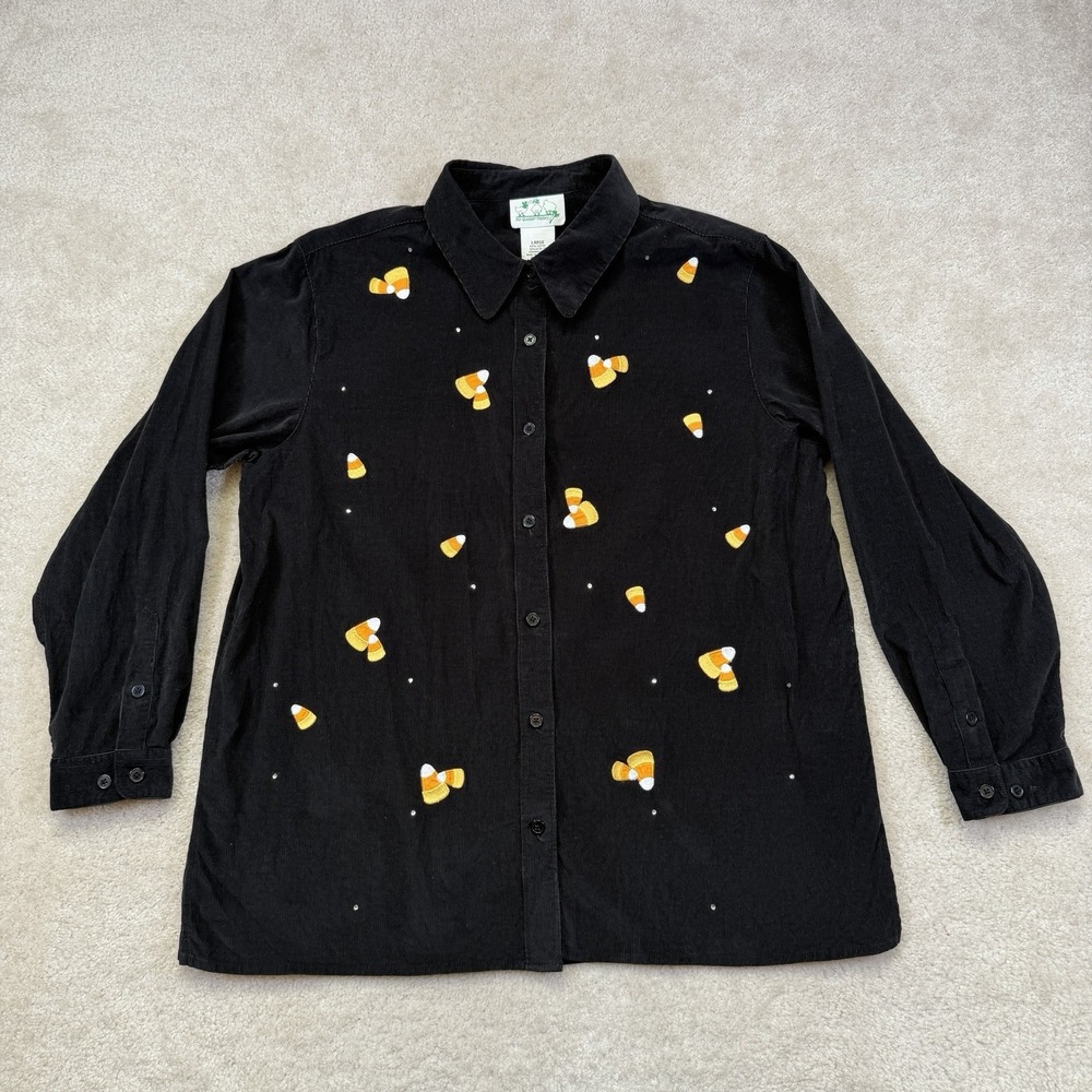 Vintage Quacker Factory Corduroy Shirt Womens L Black Candy Corn Embroidered